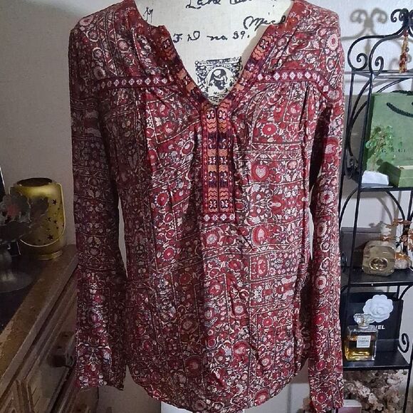 Anthropologie One September Bohemian Red Patterned Women's Top Size Medium - Picture 1 of 11